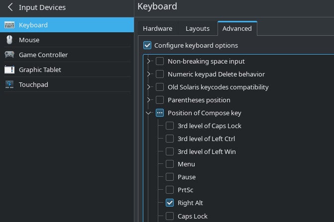 A screenshot shows the advanced options threaded under Keyboard settings. &ldquo;Configure keyboard options&rdquo; is checked, &ldquo;Position of Compose Key&rdquo; is checked within that menu, and &ldquo;Right Alt&rdquo; is checked within that menu.