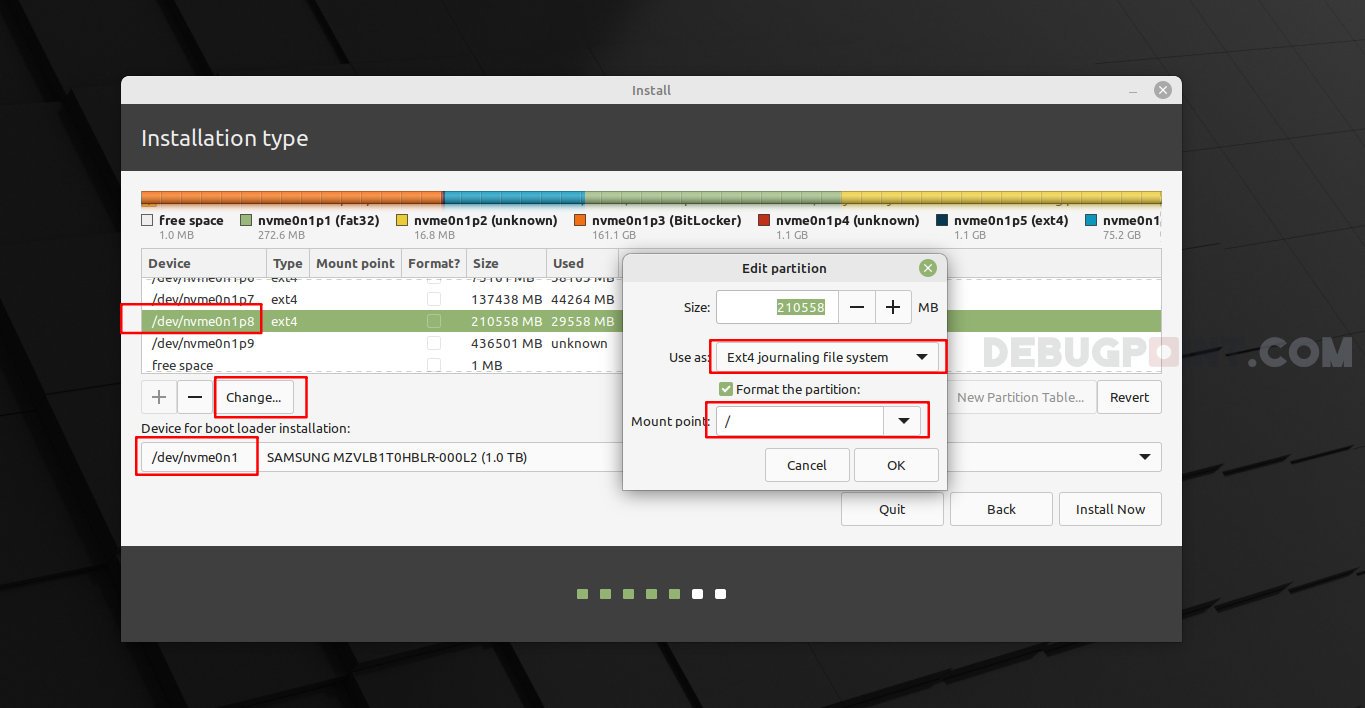 图11:选择 Windows 11 安装 Linux Mint 的目标分区