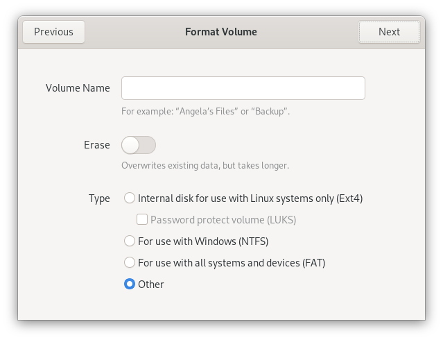 Selecting &ldquo;other&rdquo; for partition volume type