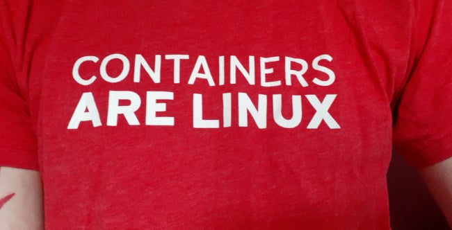 T-shirt reading "Containers are Linux" T-shirt reading “Containers are Linux”