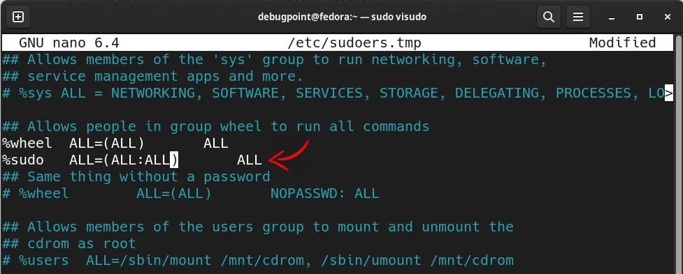 使用 visudo 更新 sudoers 文件