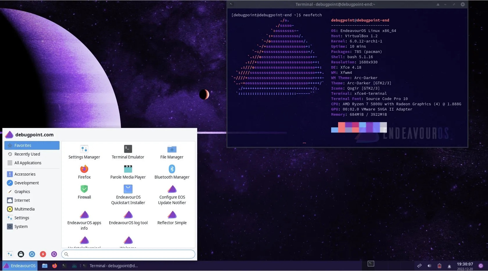 EndeavourOS Cassini 桌面(Xfce 4.18)