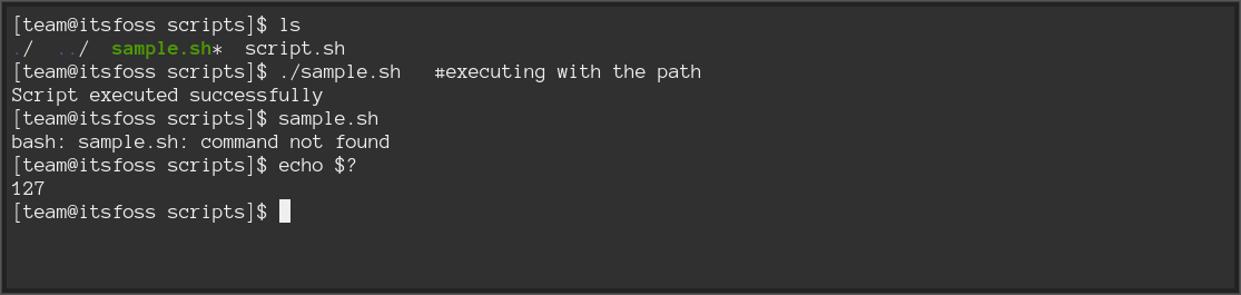 Script executed without the path gives &ldquo;command not found&rdquo; or code 127