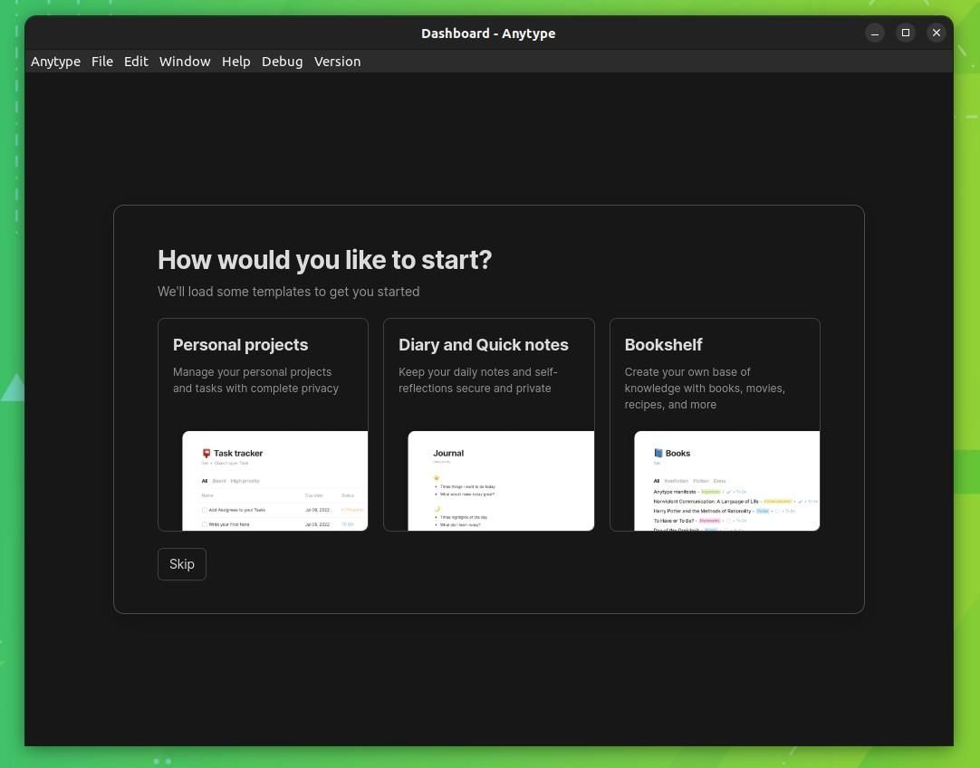 a screenshot of anytype&rsquo;s quick-start menu