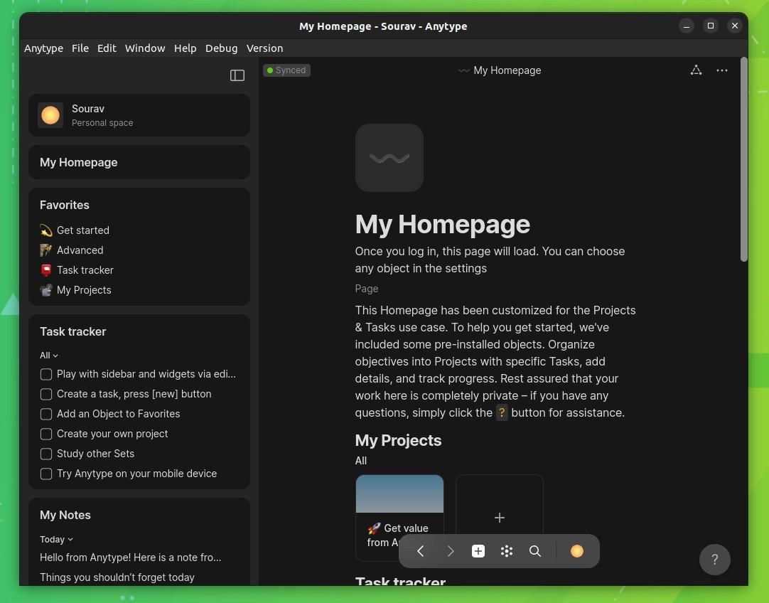a screenshot of anytype&rsquo;s my homepage screen